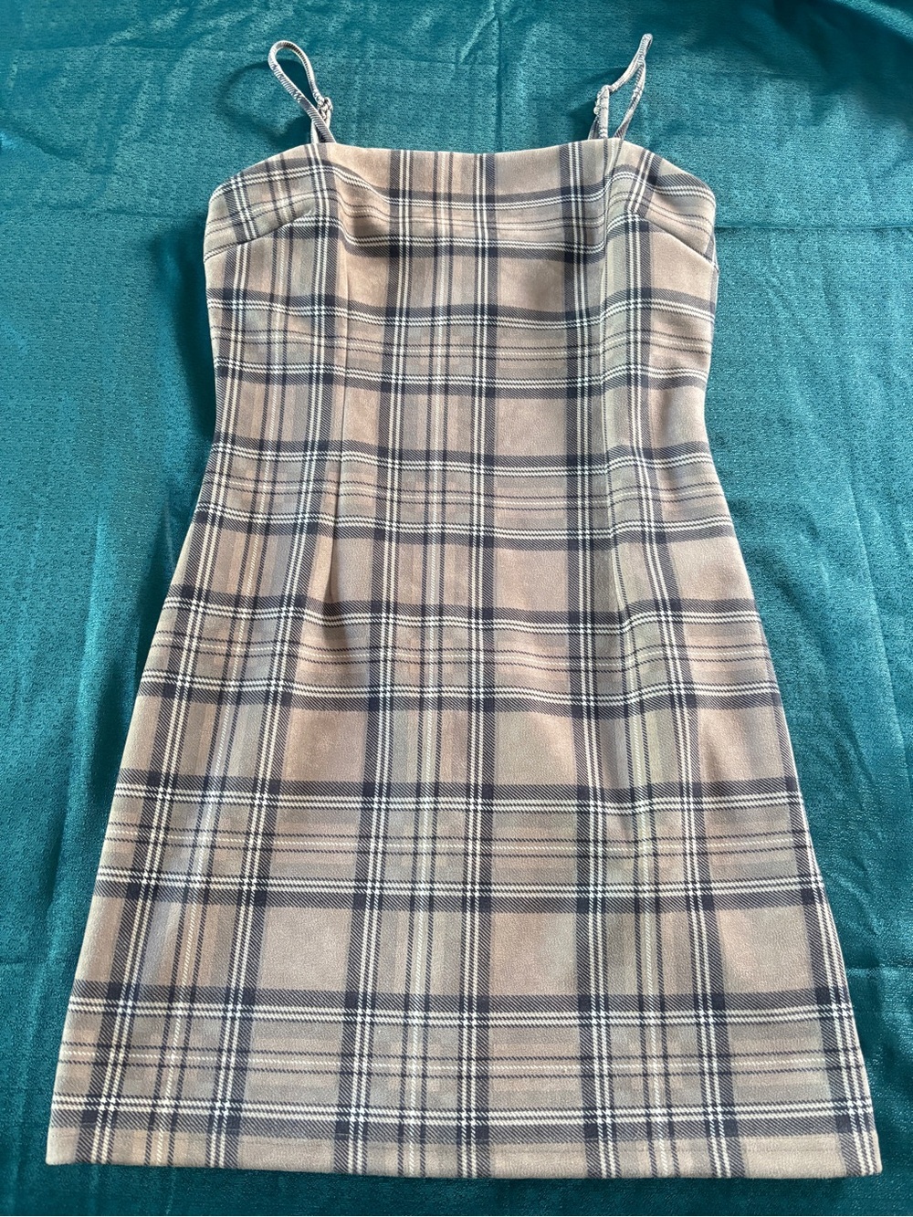Papaya Beige and Navy Plaid Spaghetti-Strap Mini Dress